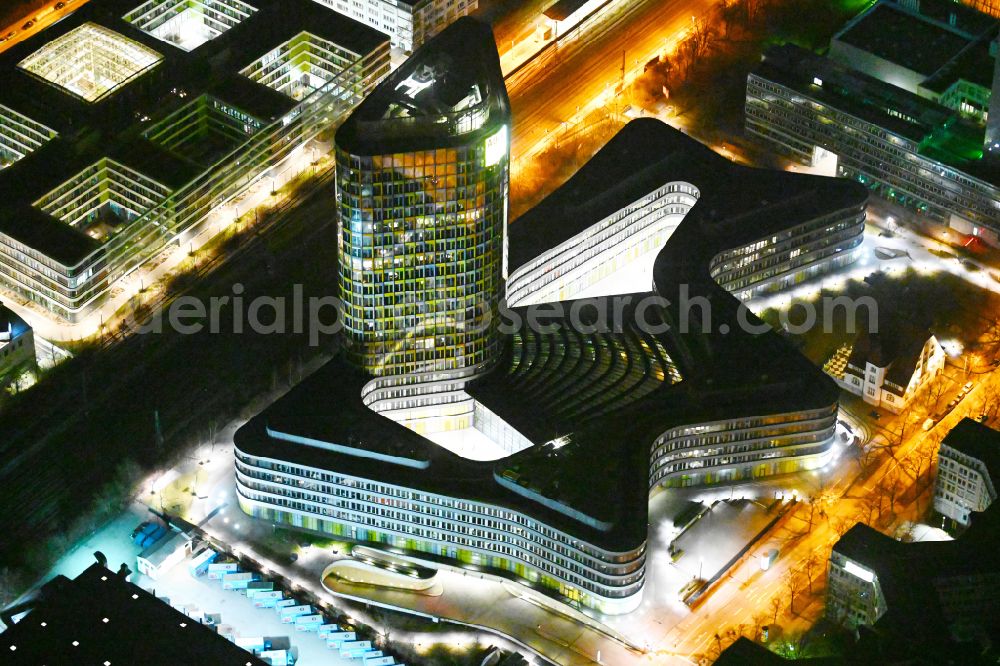 München at night from the bird perspective: Night lighting high-rise ensemble of ADAC Zentrale on street Hansastrasse in the district Sendling-Westpark in Munich in the state Bavaria, Germany