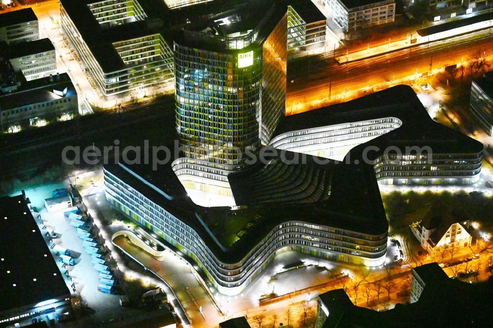 Aerial image at night München - Night lighting high-rise ensemble of ADAC Zentrale on street Hansastrasse in the district Sendling-Westpark in Munich in the state Bavaria, Germany