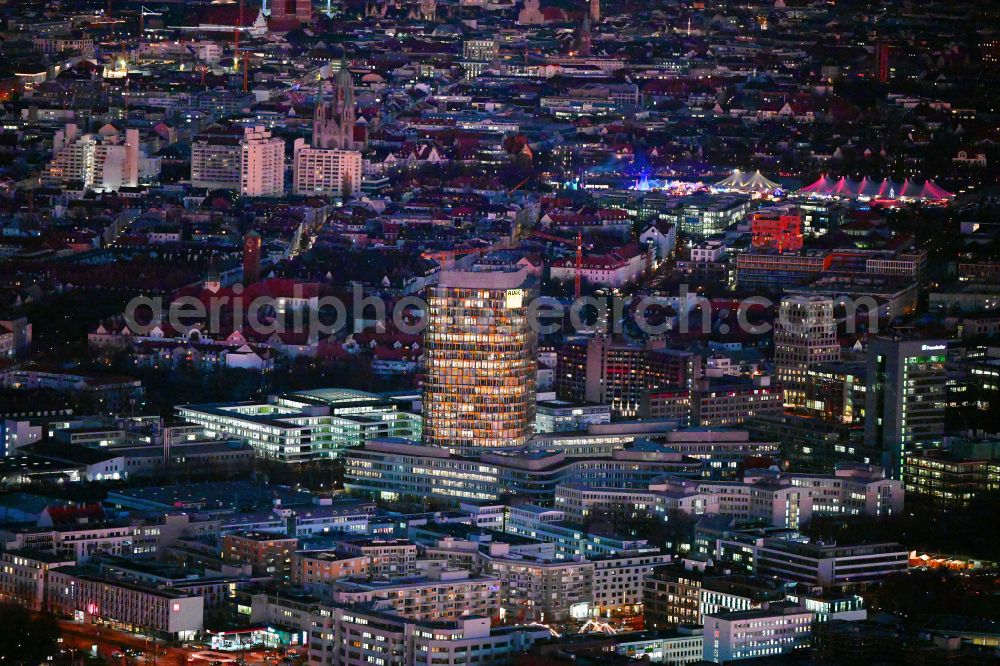 Aerial photograph at night München - Night lighting high-rise ensemble of ADAC Zentrale on street Hansastrasse in the district Sendling-Westpark in Munich in the state Bavaria, Germany