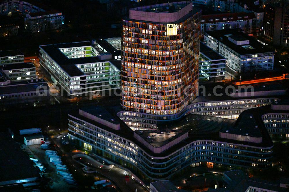München at night from above - Night lighting high-rise ensemble of ADAC Zentrale on street Hansastrasse in the district Sendling-Westpark in Munich in the state Bavaria, Germany