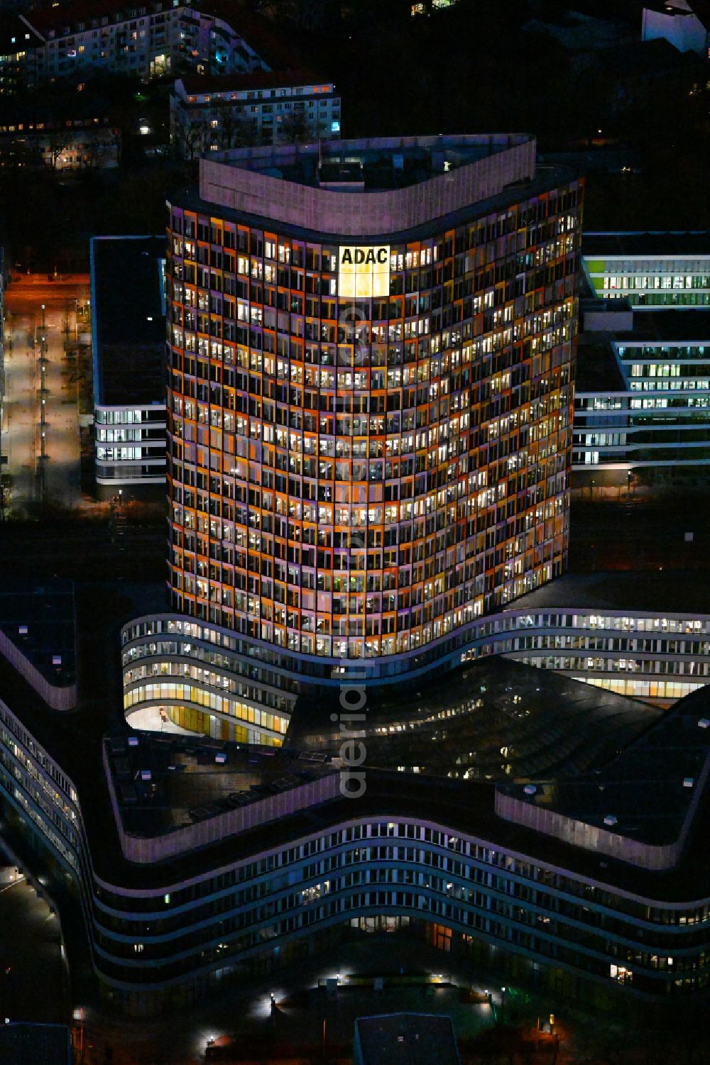 Aerial image at night München - Night lighting high-rise ensemble of ADAC Zentrale on street Hansastrasse in the district Sendling-Westpark in Munich in the state Bavaria, Germany