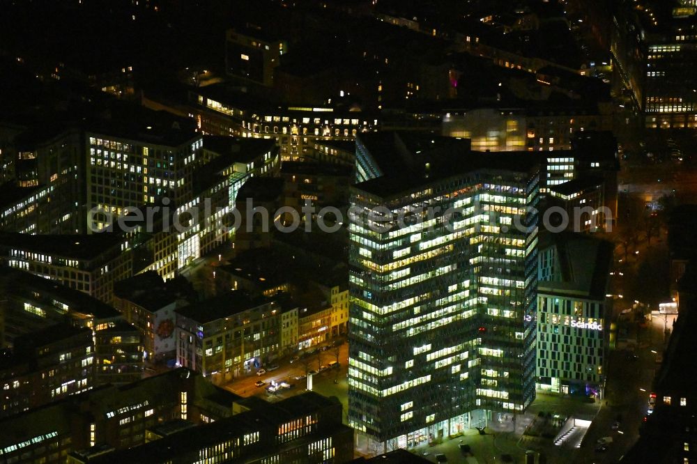 Hamburg at night from above - Night lighting high-rise ensemble of Emporio-Hochhaus in the district Neustadt in Hamburg, Germany