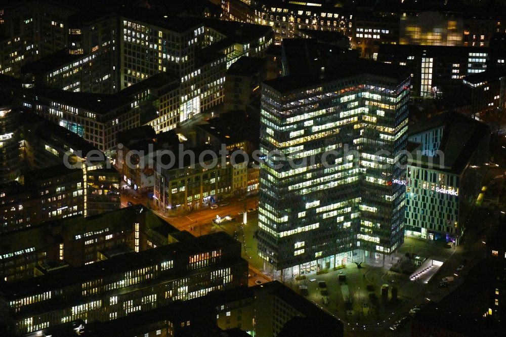 Aerial image at night Hamburg - Night lighting high-rise ensemble of Emporio-Hochhaus in the district Neustadt in Hamburg, Germany