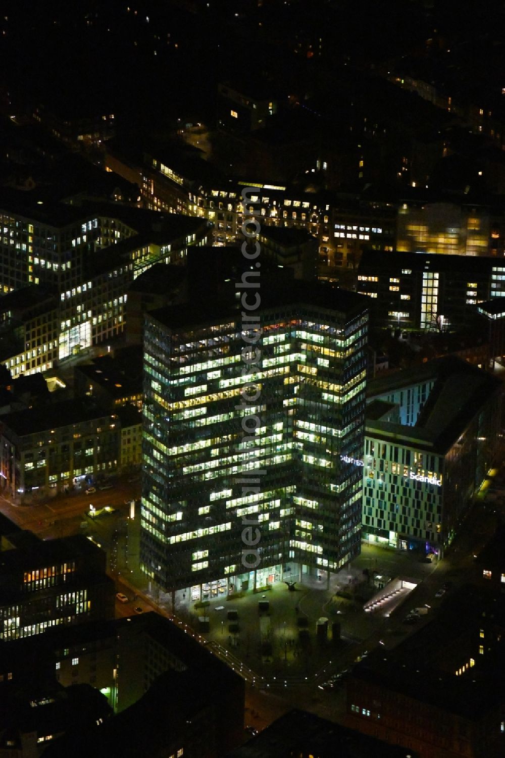 Hamburg at night from above - Night lighting high-rise ensemble of Emporio-Hochhaus in the district Neustadt in Hamburg, Germany
