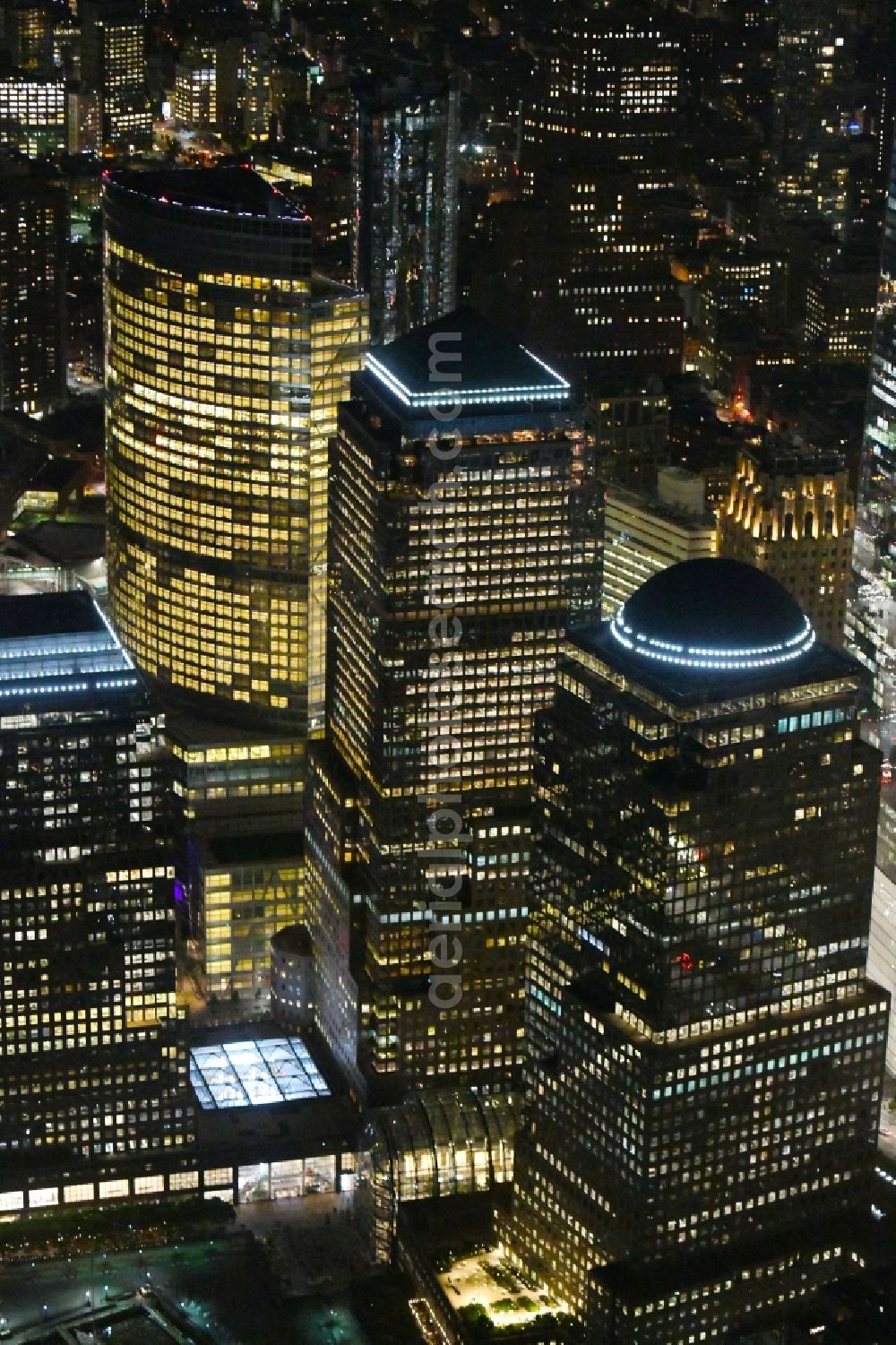 New York at night from above - Night lighting High-rise ensemble of West St - Brookfield Place in the district Manhattan in New York in United States of America