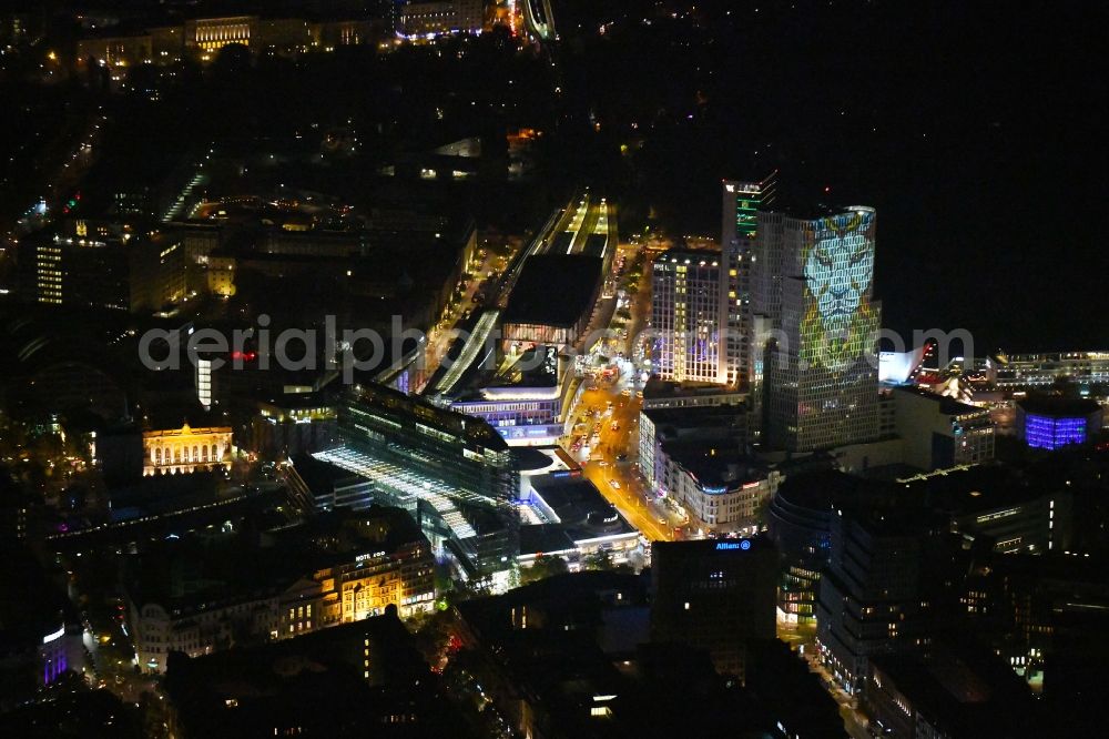 Berlin at night from the bird perspective: Night lighting High-rise ensemble of Zoofenster and Neubau Upper West on Joachinsthaler Strasse - Hardenbergstrasse in Ortsteil Bezirk Charlottenburg in Berlin, Germany