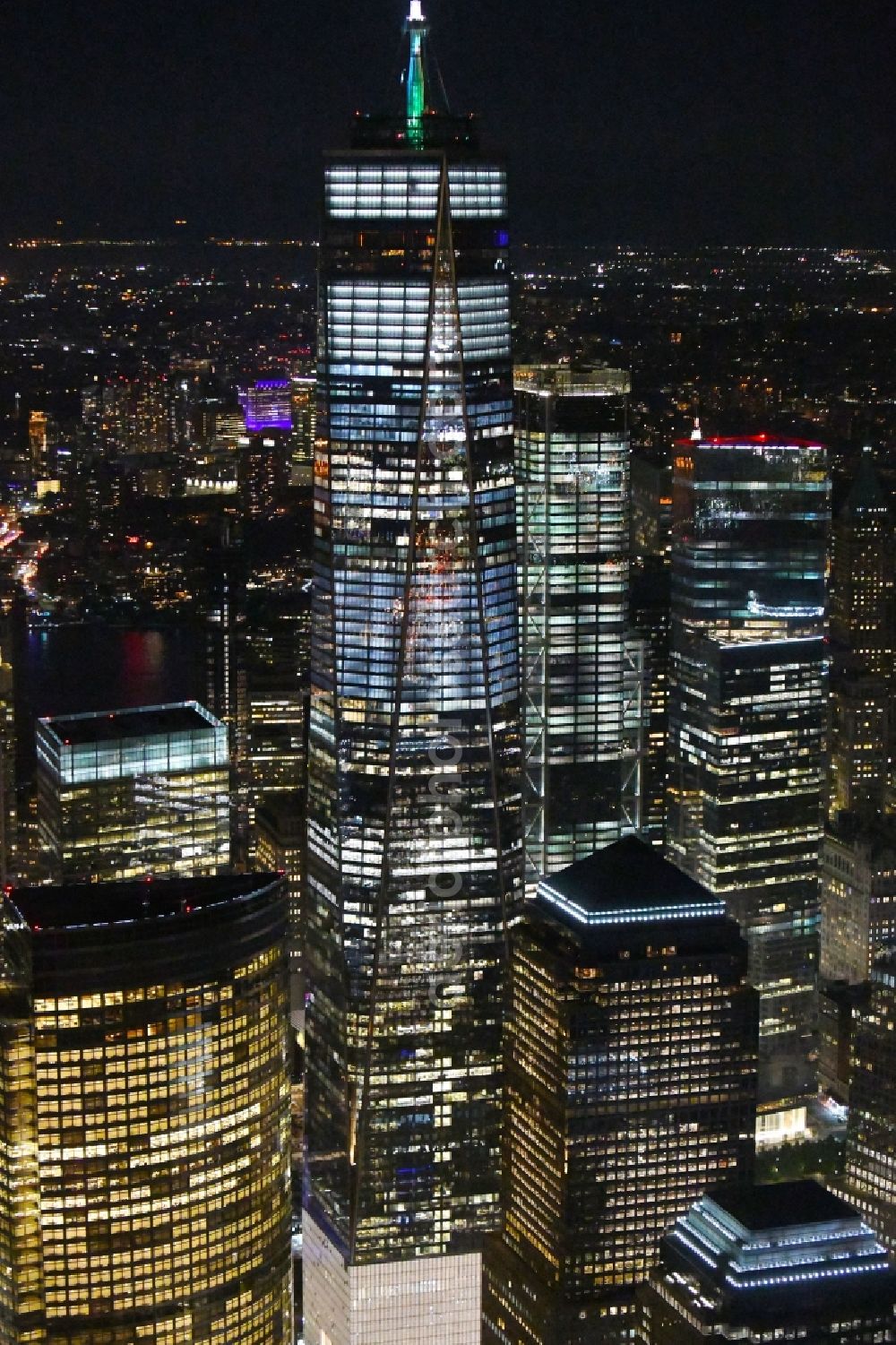 New York at night from above - Night lighting High-rise buildings One World Trade Center in the district Manhattan in New York in United States of America