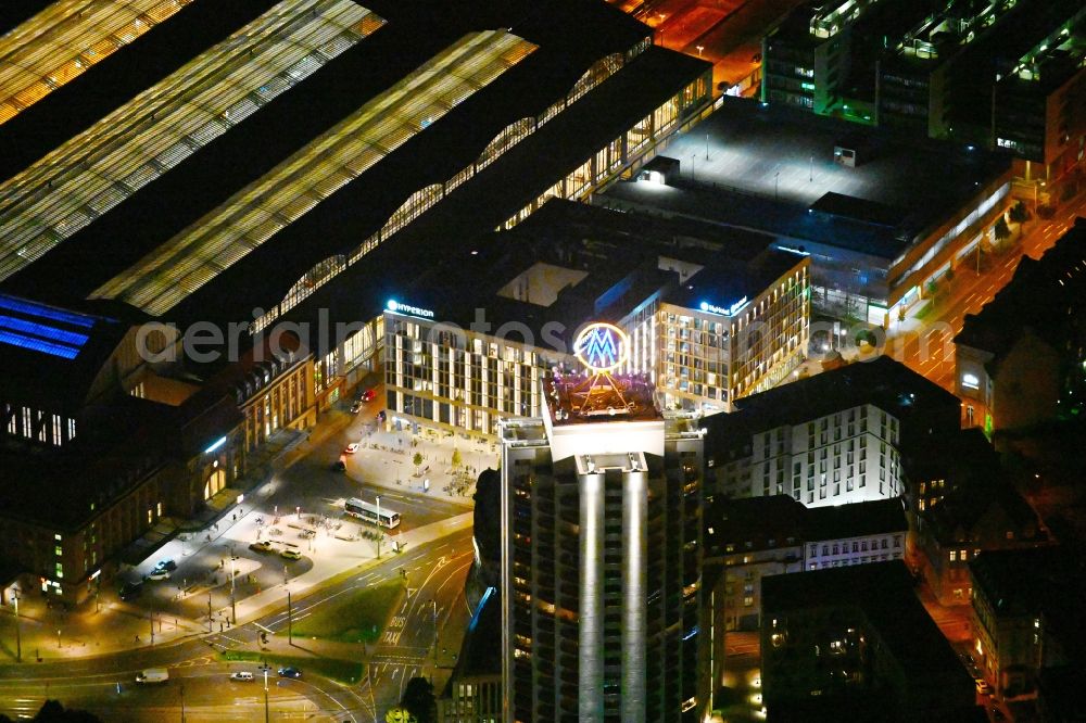 Leipzig at night from above - Night lighting hotel complex of H-Hotels AG in Leipzig in the state Saxony, Germany