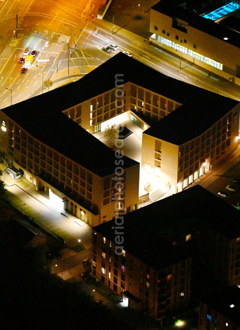 Potsdam at night from above - Night lighting complex of the hotel building the niu Amity - acora on street Leipziger Strasse - An der Lokremise in Potsdam in the state Brandenburg, Germany