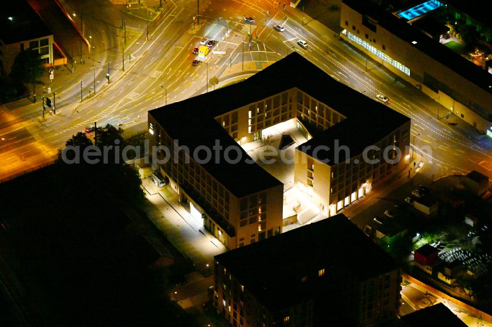 Aerial image at night Potsdam - Night lighting complex of the hotel building the niu Amity - acora on street Leipziger Strasse - An der Lokremise in Potsdam in the state Brandenburg, Germany