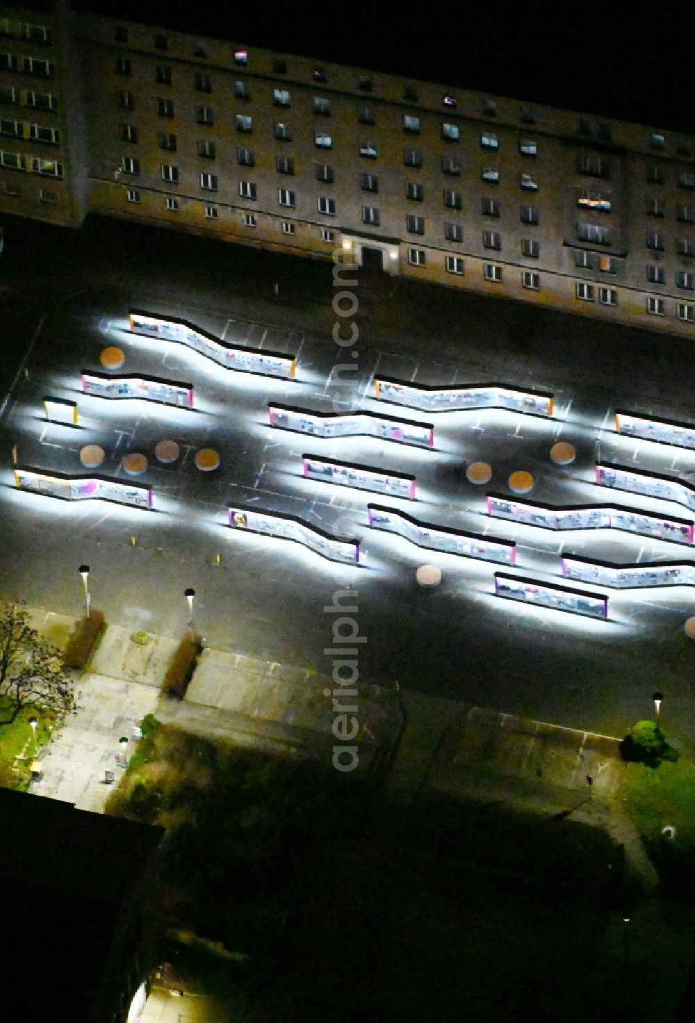 Aerial photograph at night Berlin - Night lighting building complex of the Stasi memorial of the former MfS Ministry for State Security of the GDR in the district Lichtenberg in Berlin, Germany