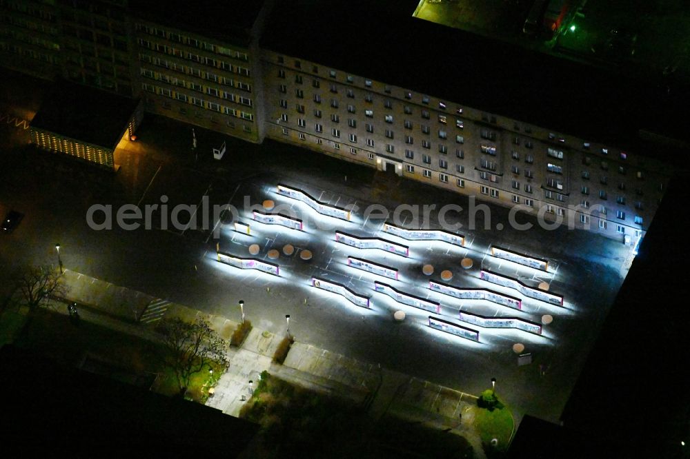 Berlin at night from the bird perspective: Night lighting building complex of the Stasi memorial of the former MfS Ministry for State Security of the GDR in the district Lichtenberg in Berlin, Germany
