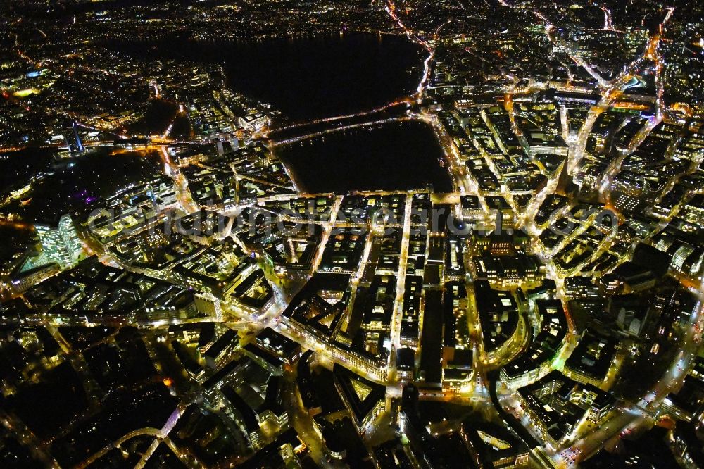 Aerial image at night Hamburg - Night lighting city view of the downtown area on the shore areas of Binnenalster and Aussenalster in the district Zentrum in Hamburg, Germany
