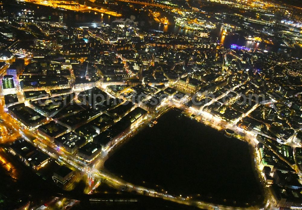 Hamburg at night from above - Night lighting city view of the downtown area on the shore areas of Binnenalster in Hamburg, Germany