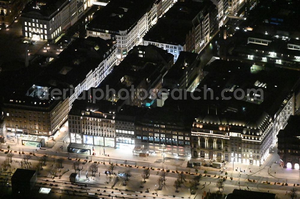 Hamburg at night from above - Night lights and lighting building of the Alsterhaus shopping center on Jungfernstieg on the Inner Alster in Hamburg, Germany
