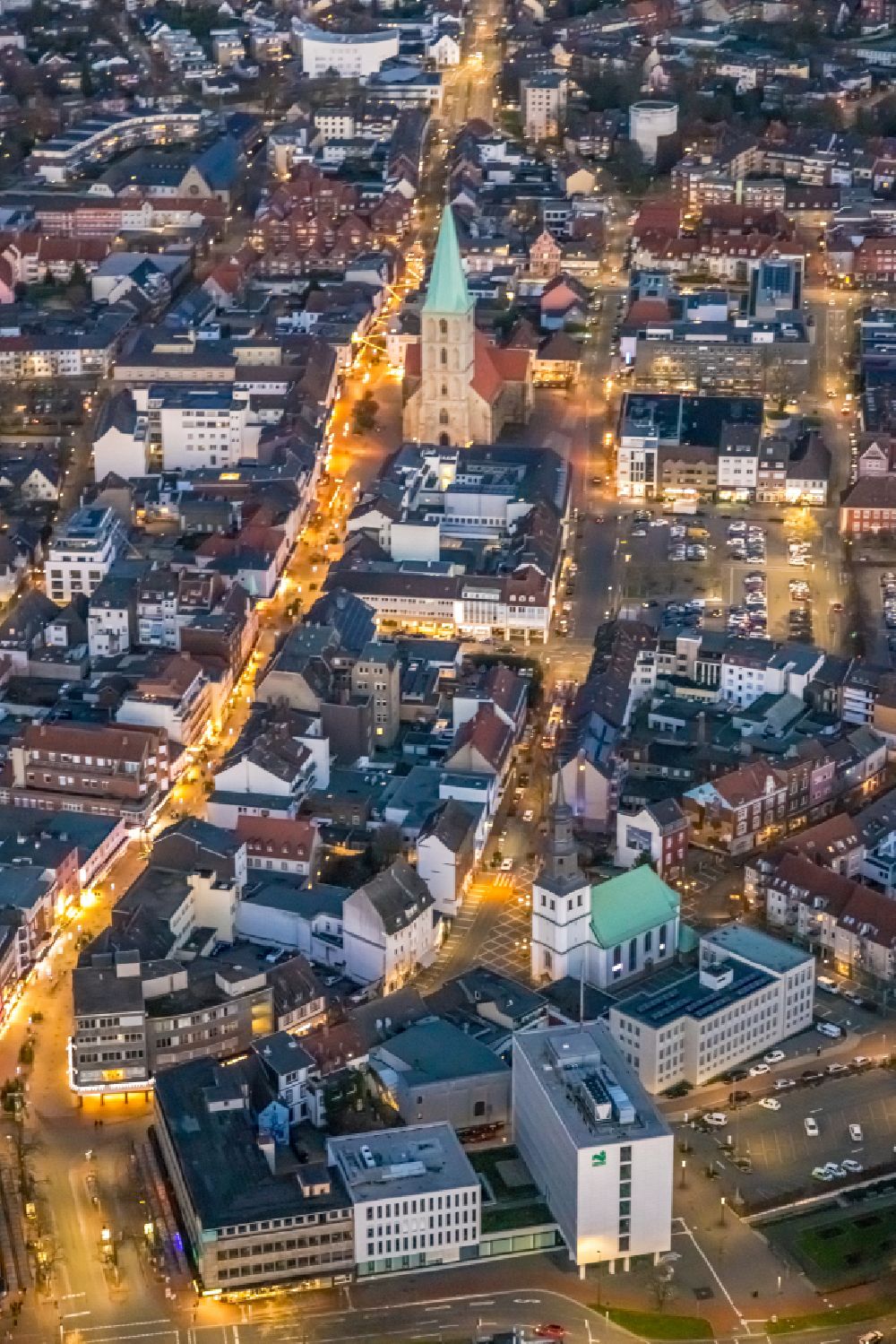 Aerial photograph at night Hamm - Night lighting church building in Pauluskirche Paulus church on market place in Hamm Old Town- center of downtown in the district Mitte in Hamm in the state North Rhine-Westphalia, Germany