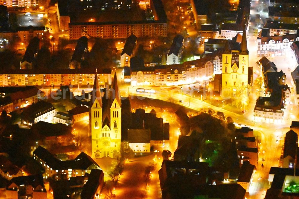 Halberstadt at night from above - Night lighting church building of the cathedral and Domschatz in Halberstadt in the state Saxony-Anhalt, Germany