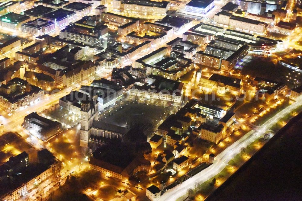 Magdeburg at night from above - Night lighting Church building of the cathedral of Dom zu Magdeburg in the district Altstadt in Magdeburg in the state Saxony-Anhalt