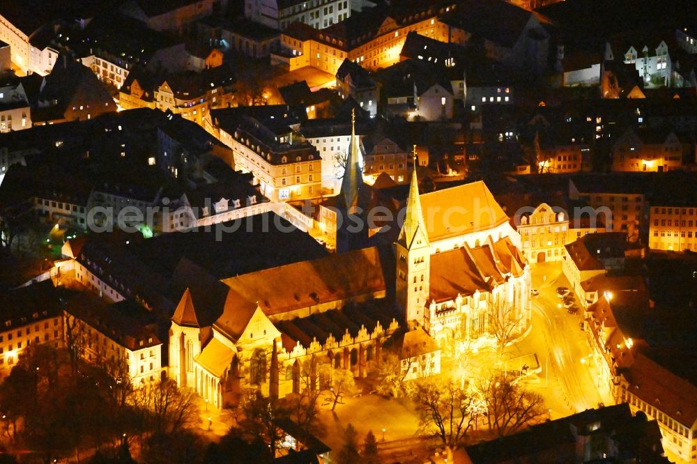Augsburg at night from above - Night lighting church building of the cathedral Der Hohe Dom zu Augsburg in the old town in Augsburg in the state Bavaria, Germany