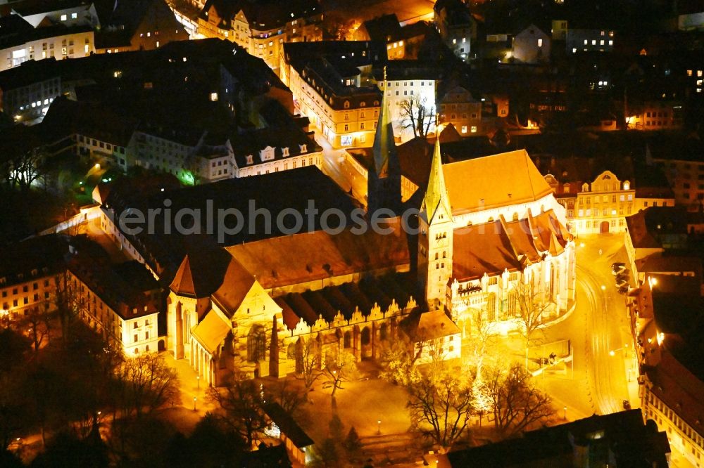 Aerial image at night Augsburg - Night lighting church building of the cathedral Der Hohe Dom zu Augsburg in the old town in Augsburg in the state Bavaria, Germany