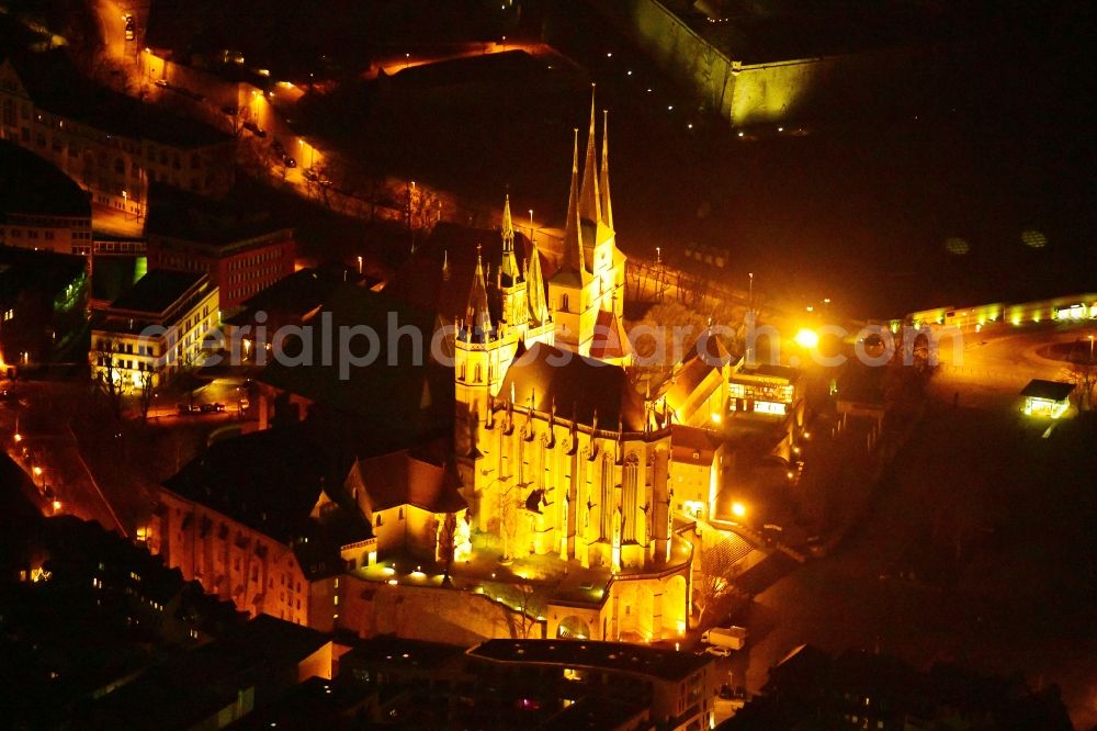 Erfurt at night from above - Night lighting Church building of the cathedral in the old town in Erfurt in the state Thuringia, Germany