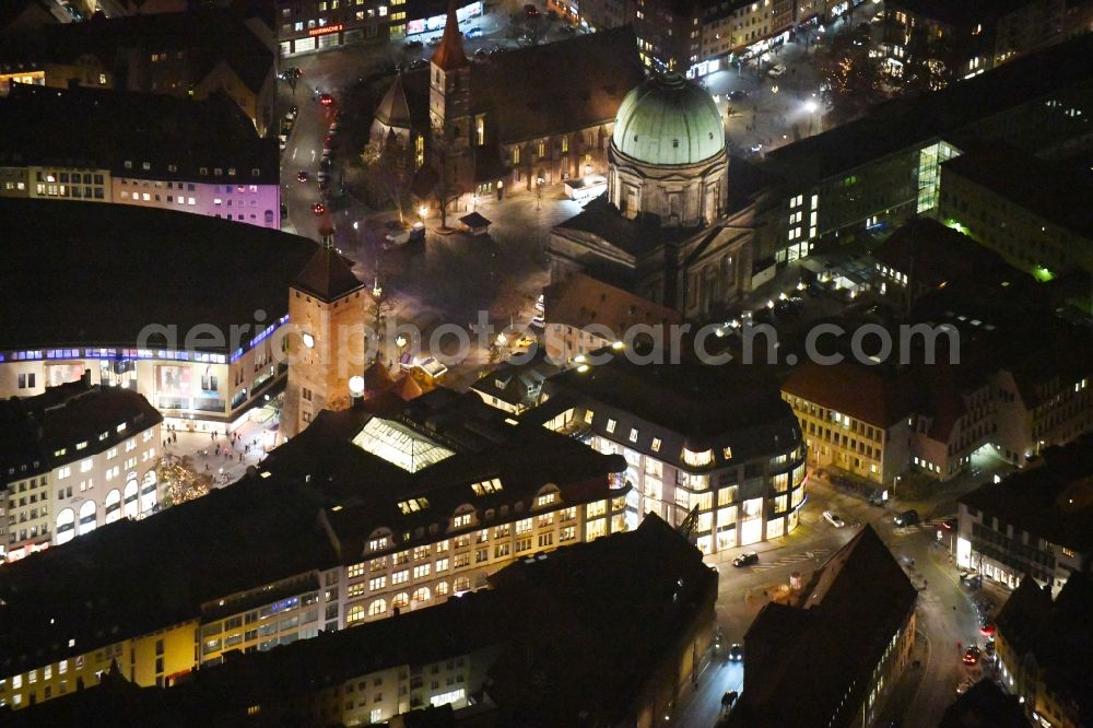 Nürnberg at night from above - Night lighting Church building in St. Elisabethkirche and St. Jakob on place Jakobsplatz in Old Town- center of downtown in the district Altstadt - Sankt Lorenz in Nuremberg in the state Bavaria, Germany