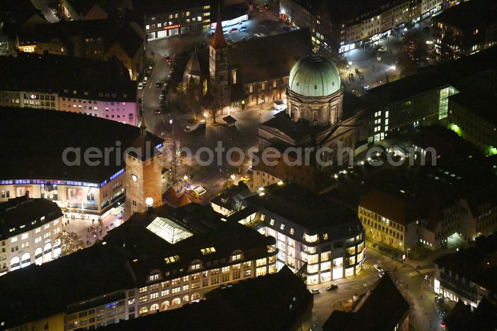 Aerial photograph at night Nürnberg - Night lighting Church building in St. Elisabethkirche and St. Jakob on place Jakobsplatz in Old Town- center of downtown in the district Altstadt - Sankt Lorenz in Nuremberg in the state Bavaria, Germany