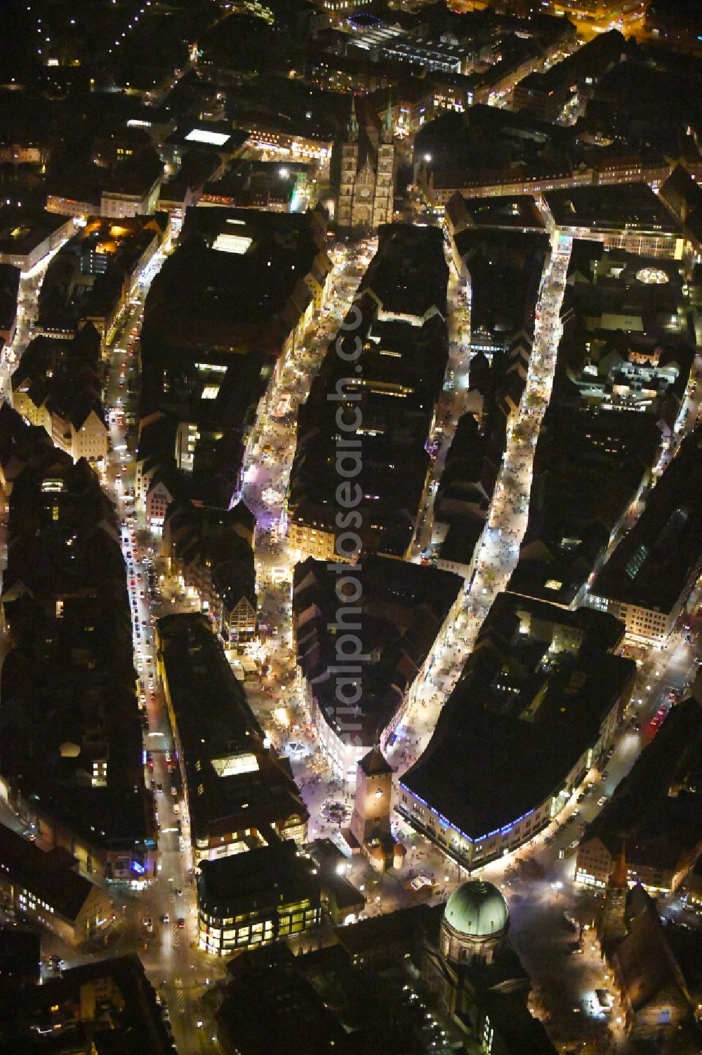 Aerial image at night Nürnberg - Night lighting Church building in St. Elisabethkirche and St. Jakob on place Jakobsplatz in Old Town- center of downtown in the district Altstadt - Sankt Lorenz in Nuremberg in the state Bavaria, Germany