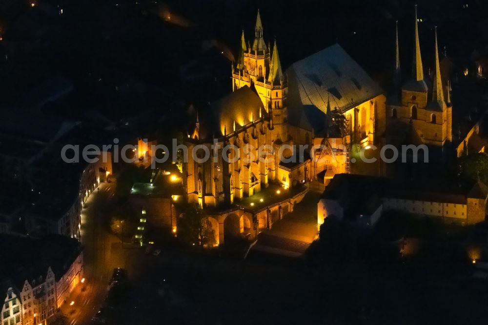 Erfurt at night from above - Night lighting church building of the cathedral of of Erfurter Dom in the district Altstadt in Erfurt in the state Thuringia, Germany