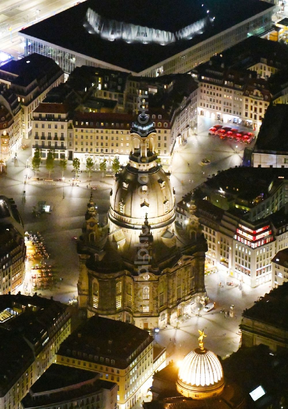 Aerial photograph at night Dresden - Night lighting church building in Frauenkirche Dresden on Neumarkt Old Town- center of downtown in the district Altstadt in Dresden in the state Saxony, Germany