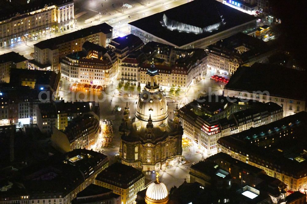 Aerial image at night Dresden - Night lighting church building in Frauenkirche Dresden on Neumarkt Old Town- center of downtown in the district Altstadt in Dresden in the state Saxony, Germany
