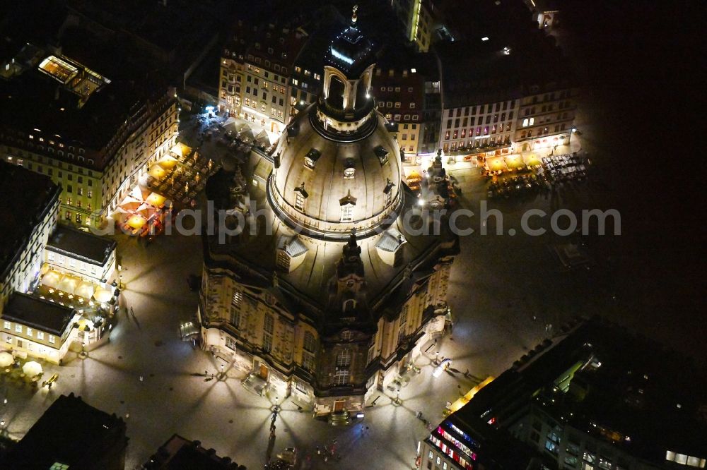 Aerial image at night Dresden - Night lighting church building in Frauenkirche Dresden on Neumarkt Old Town- center of downtown in the district Altstadt in Dresden in the state Saxony, Germany