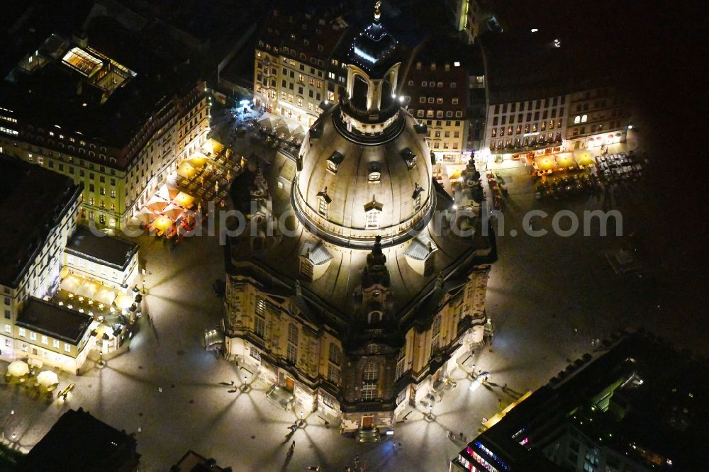 Dresden at night from above - Night lighting church building in Frauenkirche Dresden on Neumarkt Old Town- center of downtown in the district Altstadt in Dresden in the state Saxony, Germany