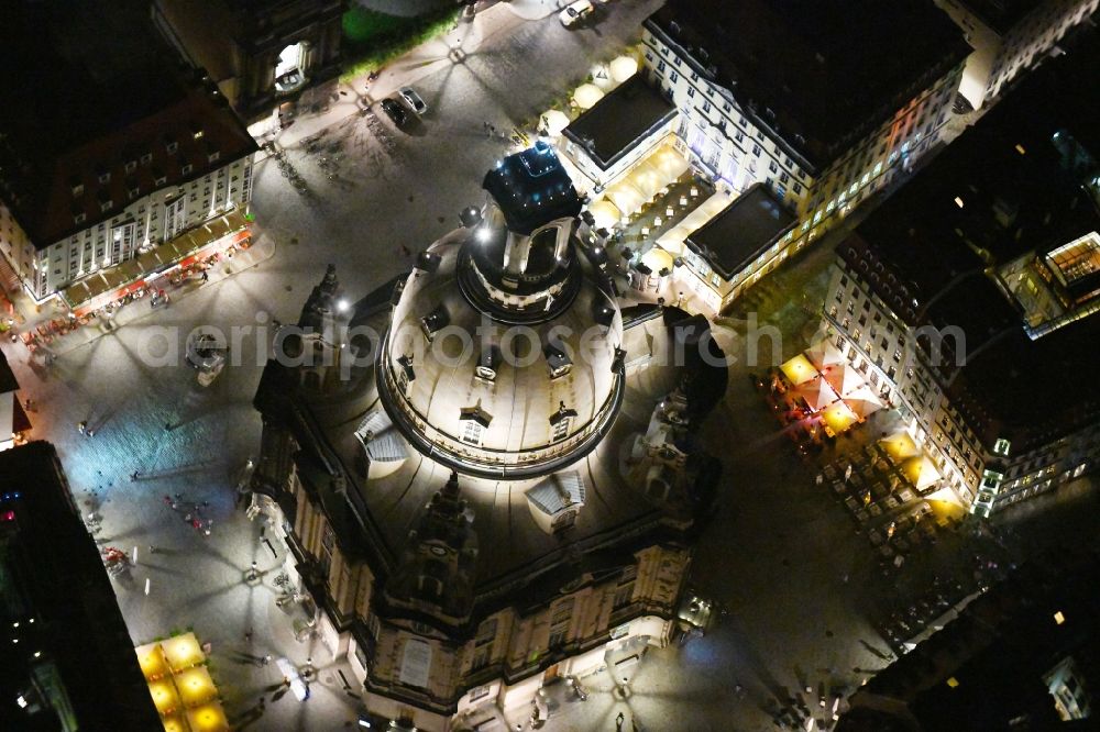 Aerial photograph at night Dresden - Night lighting church building in Frauenkirche Dresden on Neumarkt Old Town- center of downtown in the district Altstadt in Dresden in the state Saxony, Germany