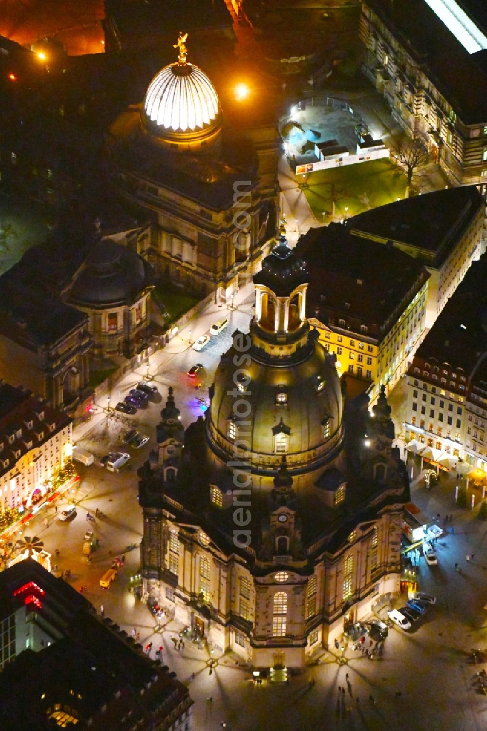 Dresden at night from the bird perspective: Night lighting Church building in Frauenkirche Dresden on Neumarkt Old Town- center of downtown in the district Altstadt in Dresden in the state Saxony, Germany