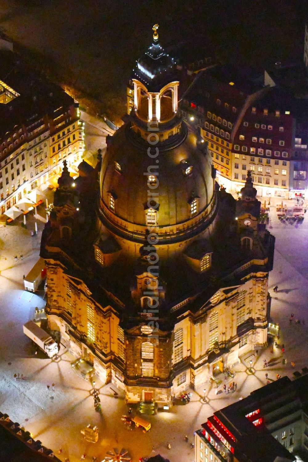 Aerial photograph at night Dresden - Night lighting Church building in Frauenkirche Dresden on Neumarkt Old Town- center of downtown in the district Altstadt in Dresden in the state Saxony, Germany