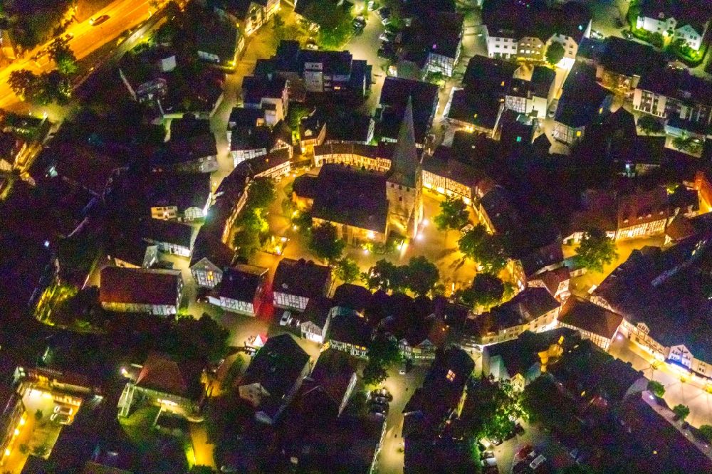 Aerial photograph at night Hattingen - Night lighting of the church building St. Georg Old Town- center of downtown in Hattingen in the state North Rhine-Westphalia, Germany