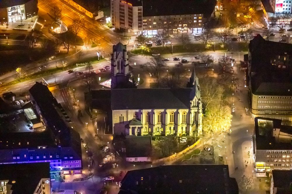 Essen at night from above - Night lighting church building St. Gertrud on Rottstrasse in Essen in the state North Rhine-Westphalia, Germany
