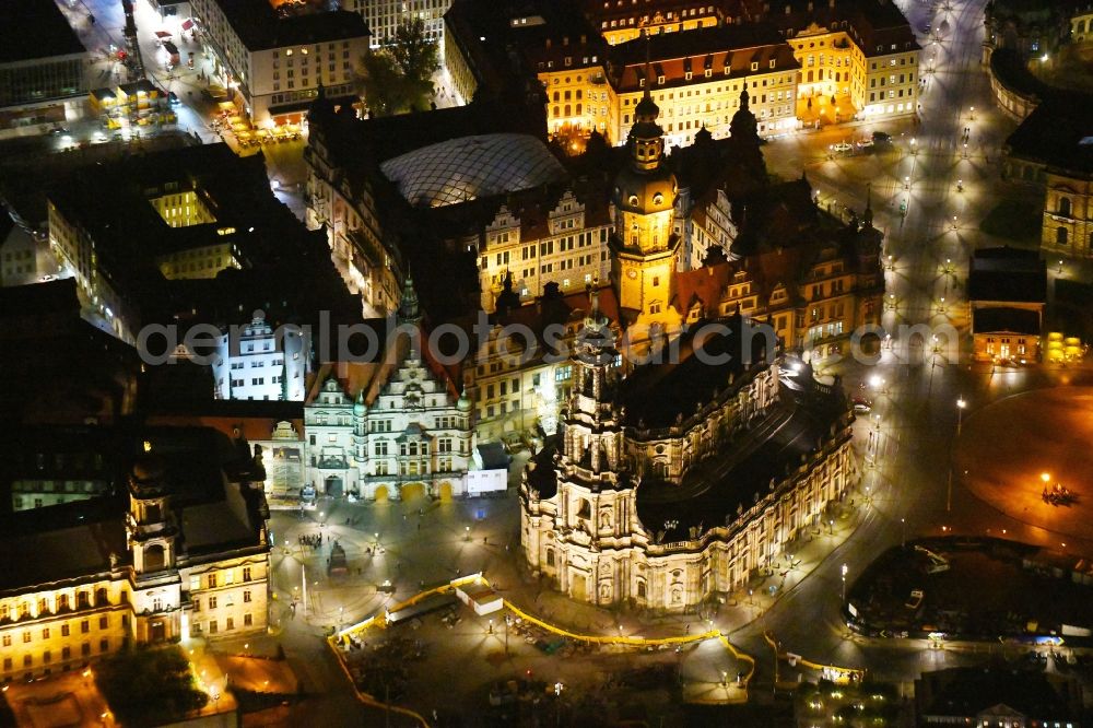 Aerial photograph at night Dresden - Night lighting church building in Katholische Hofkirche on Schlossstrasse - Theaterplatz Old Town- center of downtown in the district Altstadt in Dresden in the state Saxony, Germany