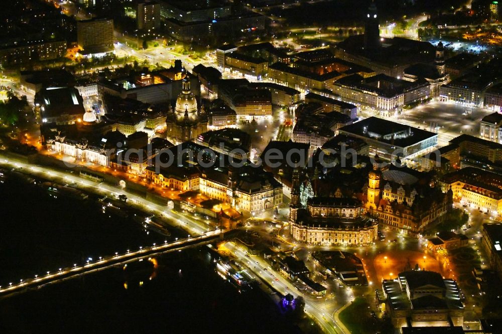 Dresden at night from above - Night lighting church building in Katholische Hofkirche on Schlossstrasse - Theaterplatz Old Town- center of downtown in the district Altstadt in Dresden in the state Saxony, Germany