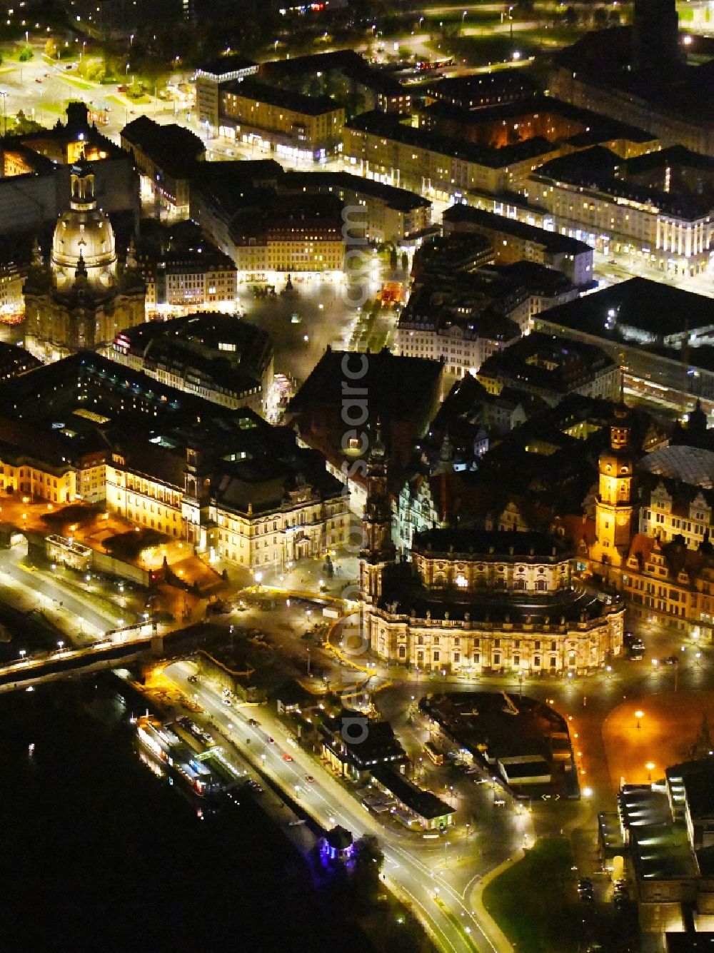 Dresden at night from the bird perspective: Night lighting church building in Katholische Hofkirche on Schlossstrasse - Theaterplatz Old Town- center of downtown in the district Altstadt in Dresden in the state Saxony, Germany