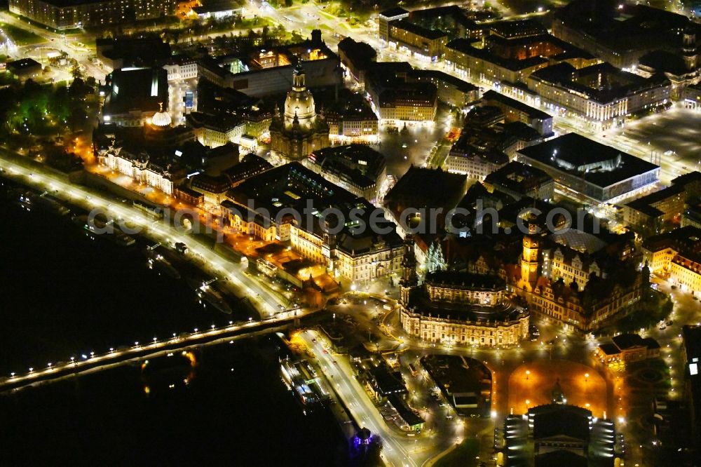Aerial image at night Dresden - Night lighting church building in Katholische Hofkirche on Schlossstrasse - Theaterplatz Old Town- center of downtown in the district Altstadt in Dresden in the state Saxony, Germany