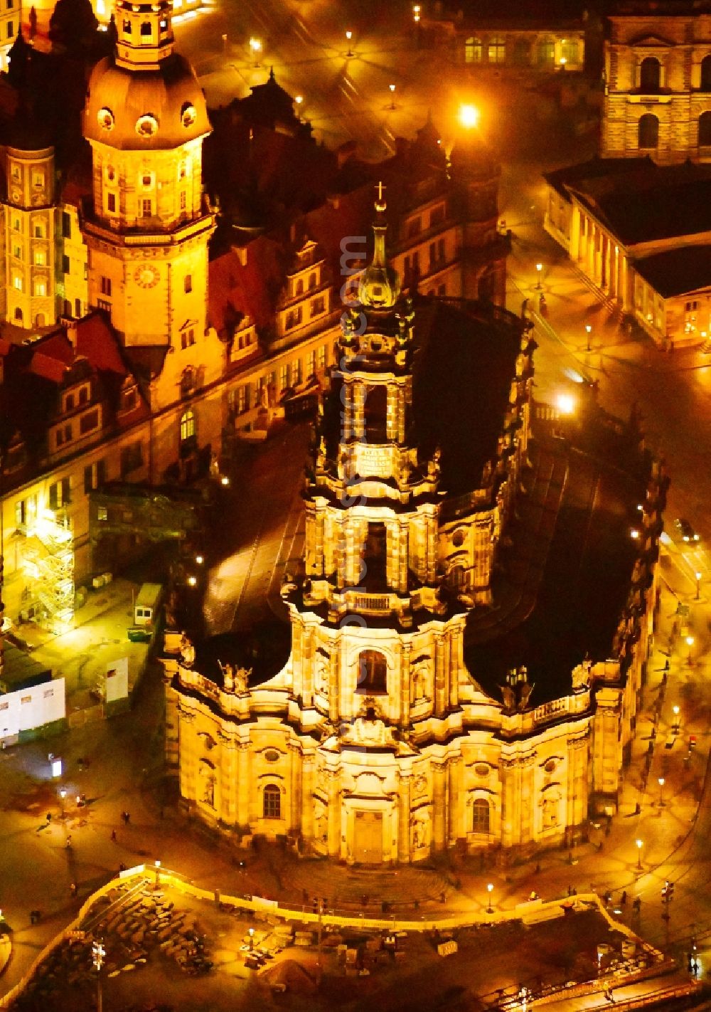 Aerial image at night Dresden - Night lighting Church building in Katholische Hofkirche on Schlossstrasse - Theaterplatz Old Town- center of downtown in the district Altstadt in Dresden in the state Saxony, Germany