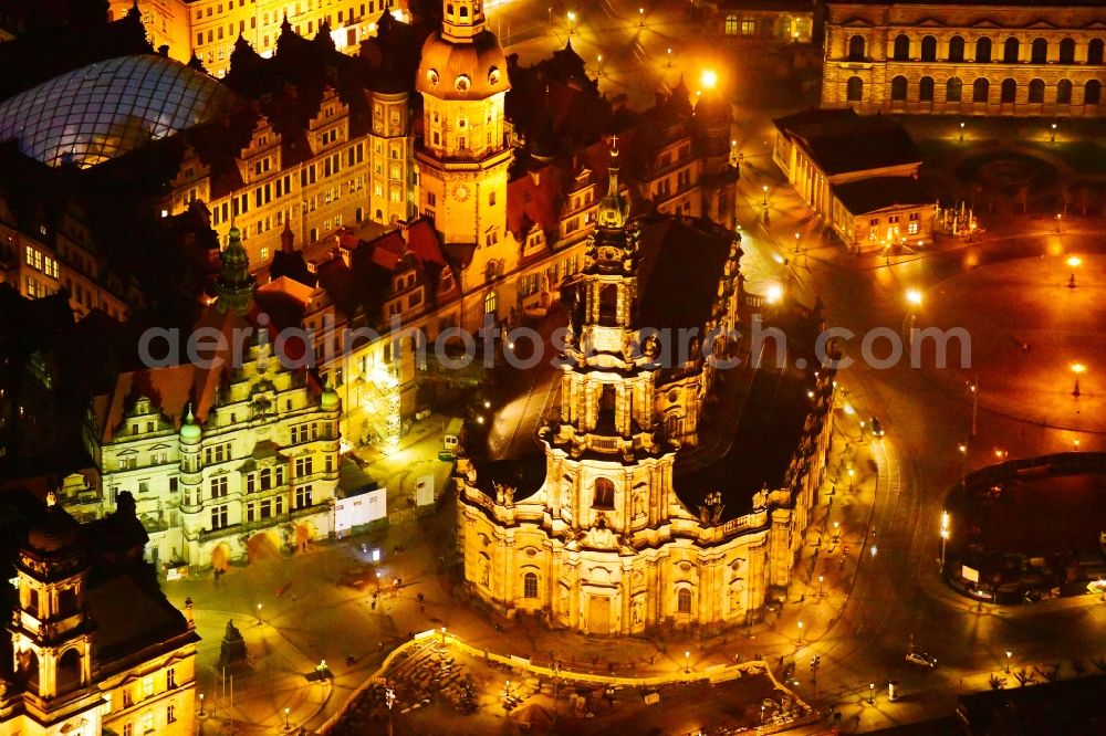 Dresden at night from above - Night lighting Church building in Katholische Hofkirche on Schlossstrasse - Theaterplatz Old Town- center of downtown in the district Altstadt in Dresden in the state Saxony, Germany