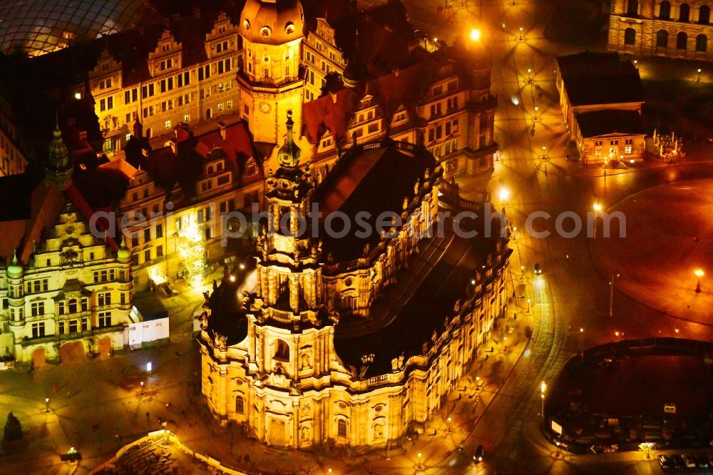 Aerial photograph at night Dresden - Night lighting Church building in Katholische Hofkirche on Schlossstrasse - Theaterplatz Old Town- center of downtown in the district Altstadt in Dresden in the state Saxony, Germany