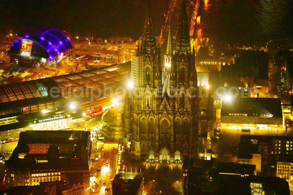 Aerial image at night Köln - Night lighting church building Koelner Dom in the old town center in the district Innenstadt in Cologne in the state North Rhine-Westphalia - NRW, Germany