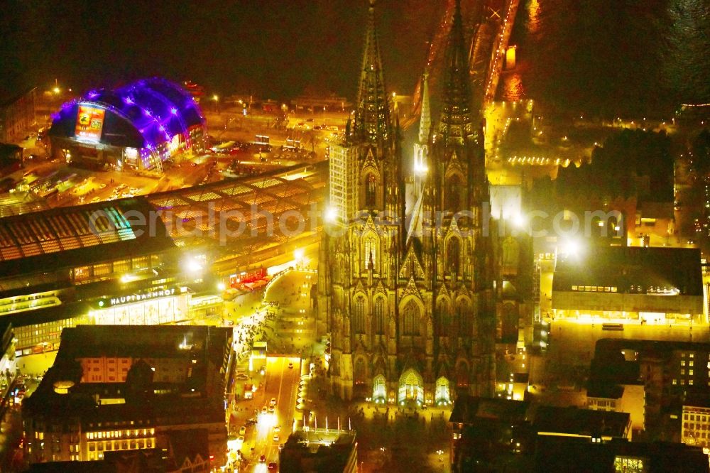 Köln at night from above - Night lighting church building Koelner Dom in the old town center in the district Innenstadt in Cologne in the state North Rhine-Westphalia - NRW, Germany