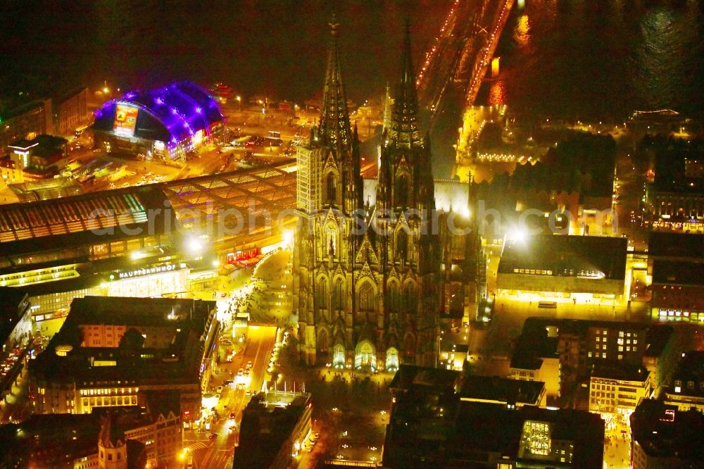 Aerial image at night Köln - Night lighting church building Koelner Dom in the old town center in the district Innenstadt in Cologne in the state North Rhine-Westphalia - NRW, Germany