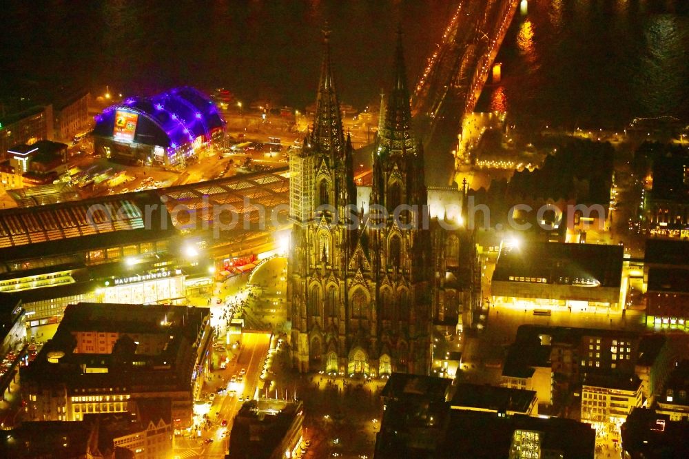 Köln at night from above - Night lighting church building Koelner Dom in the old town center in the district Innenstadt in Cologne in the state North Rhine-Westphalia - NRW, Germany