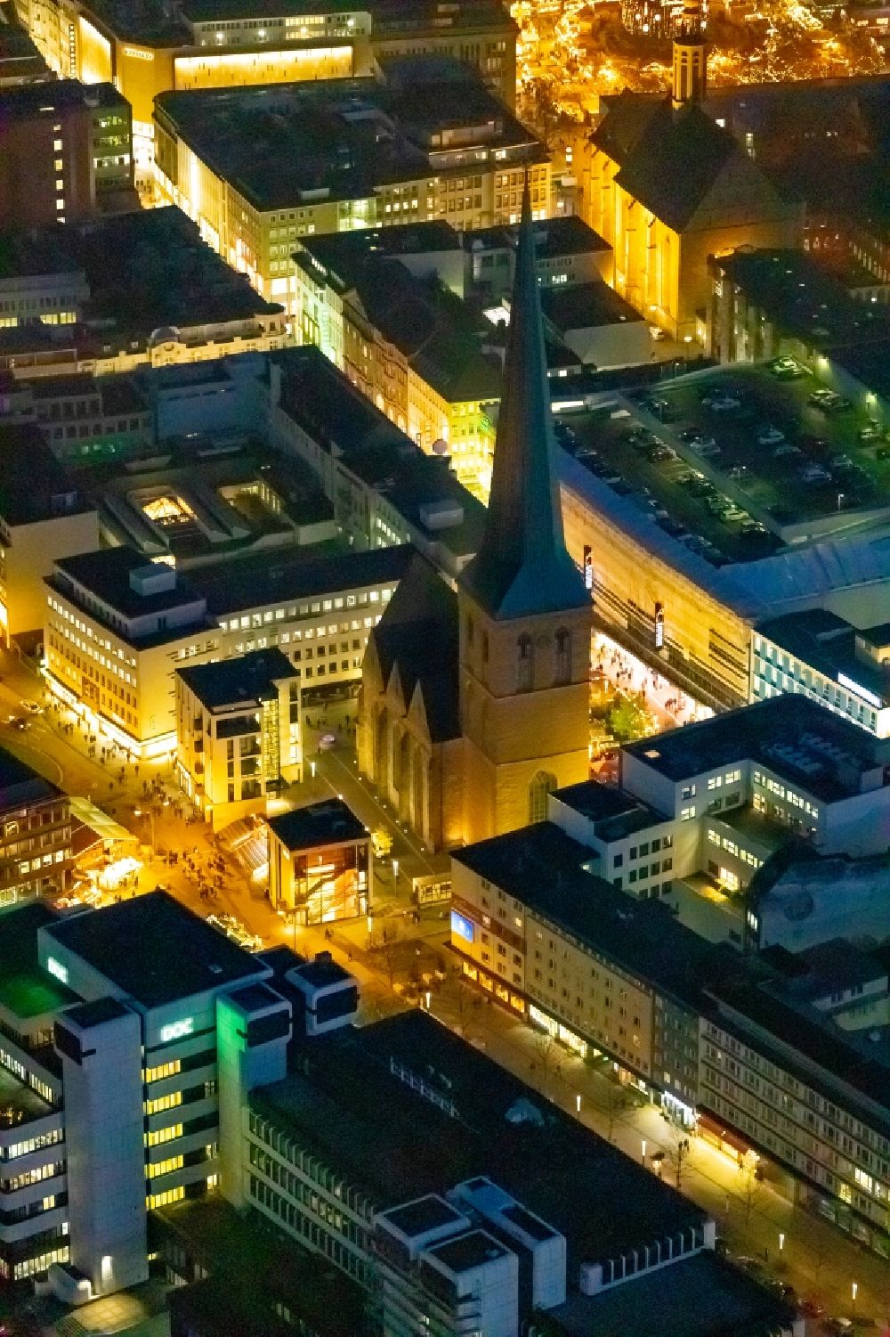 Aerial photograph at night Dortmund - Night lighting church building of the St. Petri Church in Dortmund in the federal state of North Rhine-Westphalia, Germany